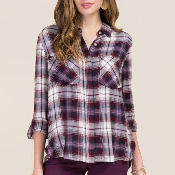 Francesca's Harper Purple Plaid Button Down Shirt Women M Back Slit Country Fall - Picture 1 of 10